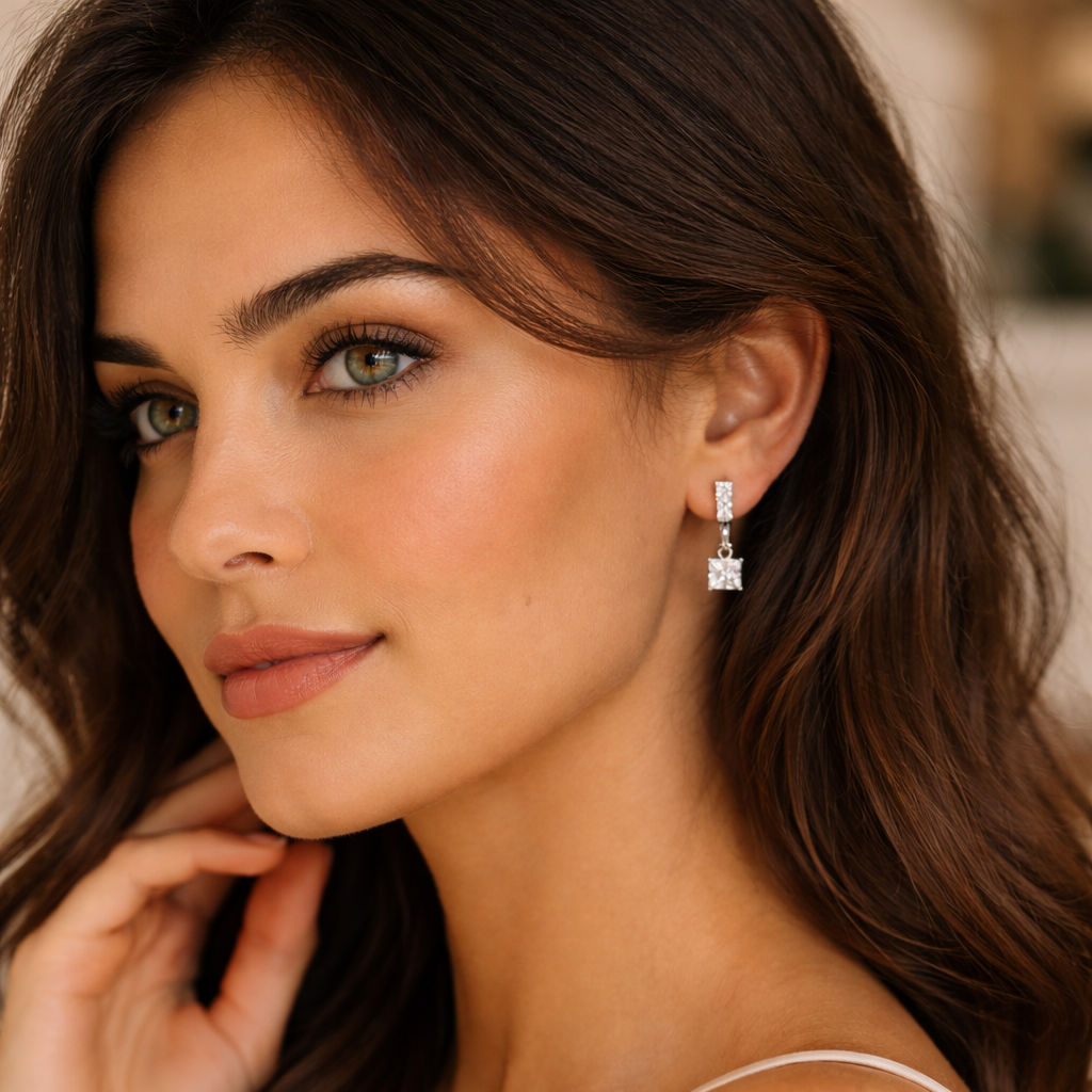 Boucles d’oreilles pendantes carrées en argent 925 rhodié – Zircon brillant femme
