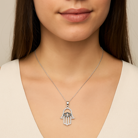 Pendentif Main de Fatma en Argent 925 Rhodié et Zircons Noirs – Bijou Protecteur Élégant et Intemporel