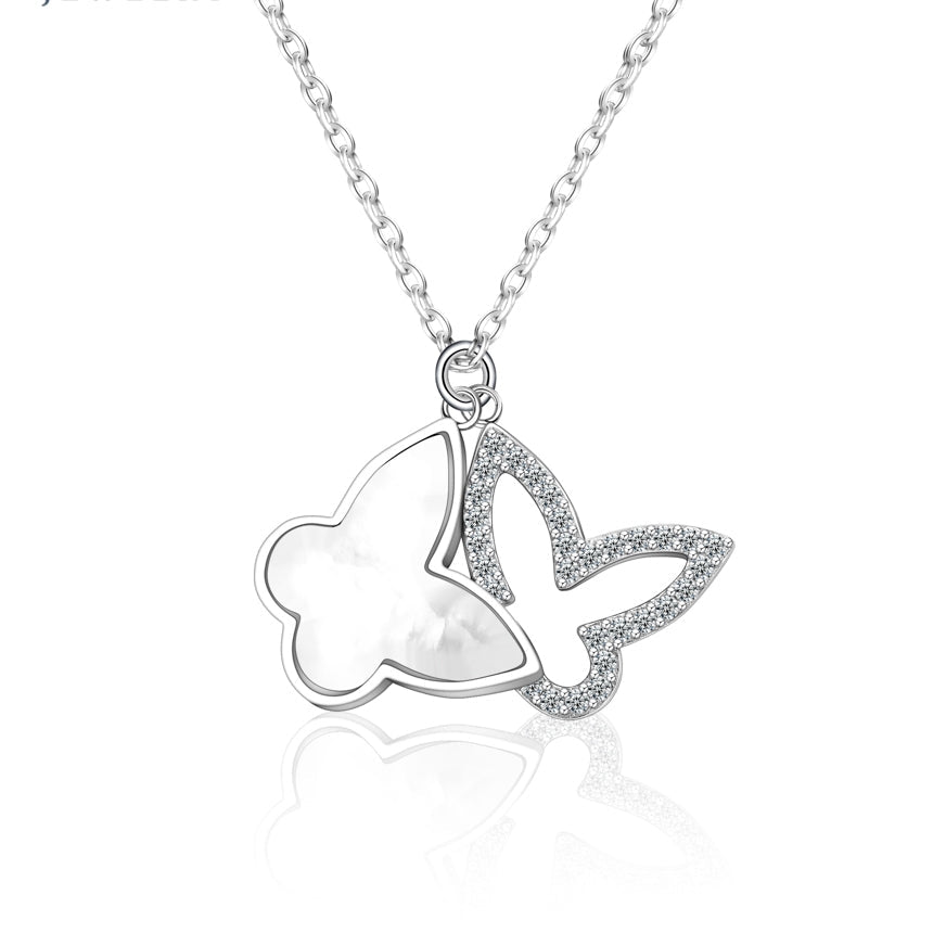 Collier papillon en argent 925 – Double pendentif en nacre et zirconium scintillants