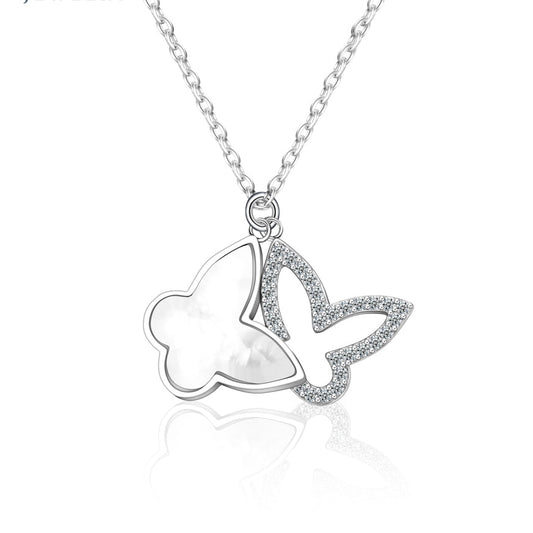 Collier papillon en argent 925 – Double pendentif en nacre et zirconium scintillants