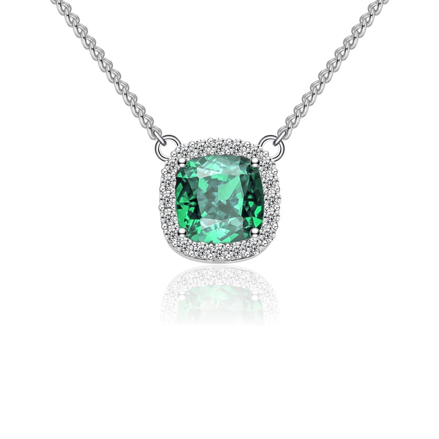 Collier Femme Argent 925 avec Pierre Verte Coussin et Halo de Zircons – Bijou Chic et Raffiné
