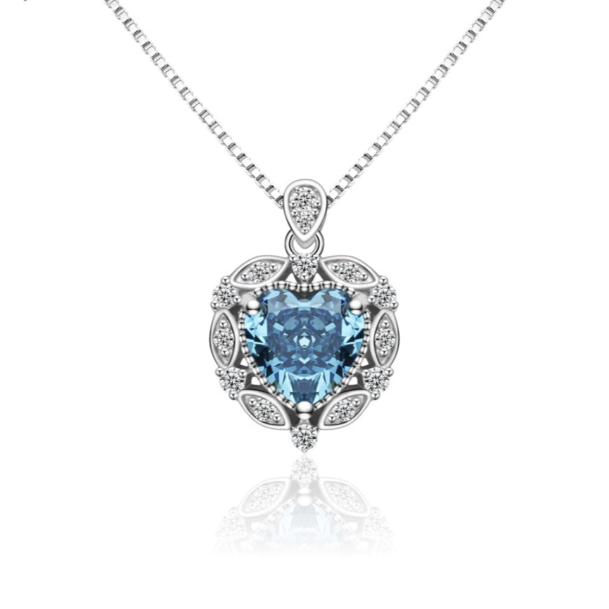 Collier Femme en Argent 925 avec Pierre Bleue Cœur et Design Floral – Bijou Romantique et Raffiné