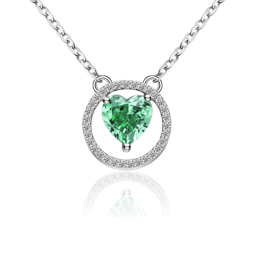 Collier Femme Argent 925 avec Pierre Verte Cœur et Cercle Sertis – Bijou Tendre et Élégant