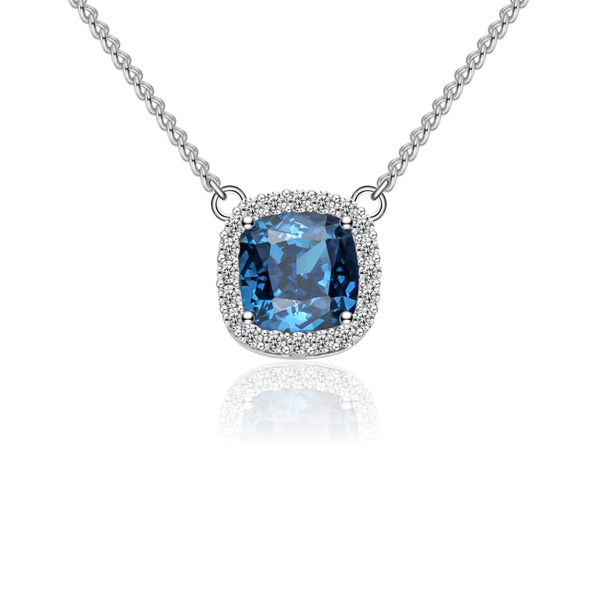 Collier Femme Argent 925 avec Pierre Bleue Coussin et Halo Zircons – Bijou Élégant et Brillant