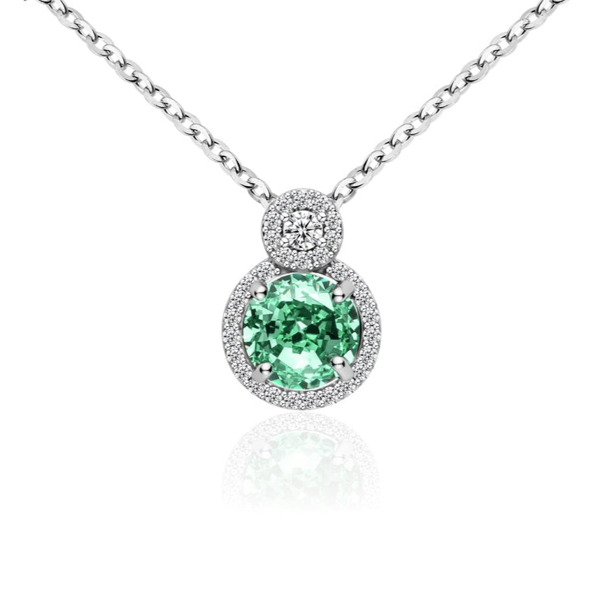 Collier Femme Argent 925 avec Pierre Verte et Double Halo Zircons – Élégance Lumineuse