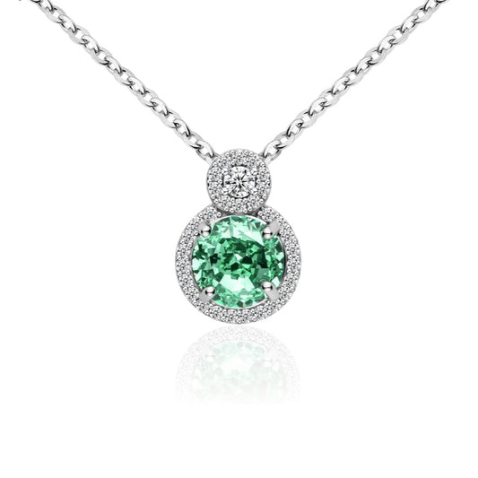 Collier Femme Argent 925 avec Pierre Verte et Double Halo Zircons – Élégance Lumineuse