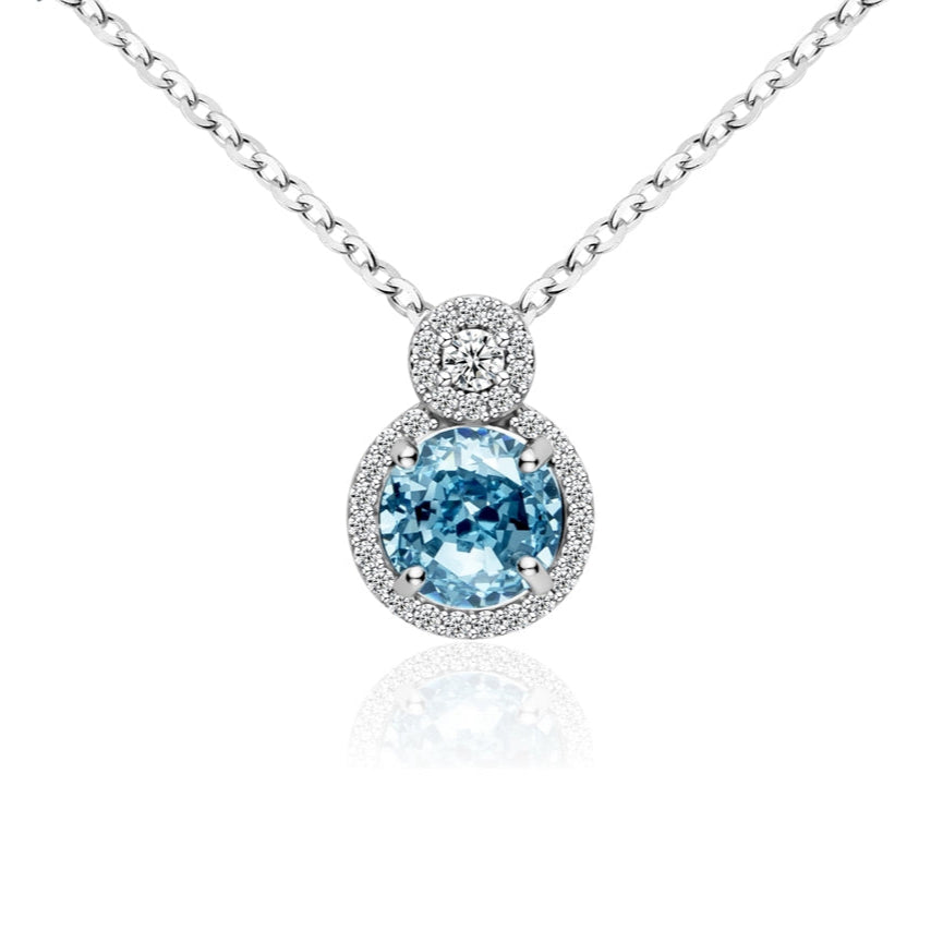 Collier Femme Argent 925 avec Pierre Bleue et Double Halo Zircons – Bijou Raffiné et Intemporel