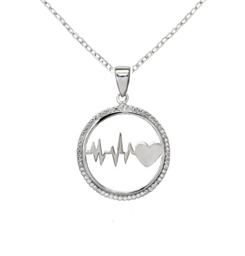 Pendentif battement de cœur en argent 925 rhodié – Cercle zirconiums et symbole de vie