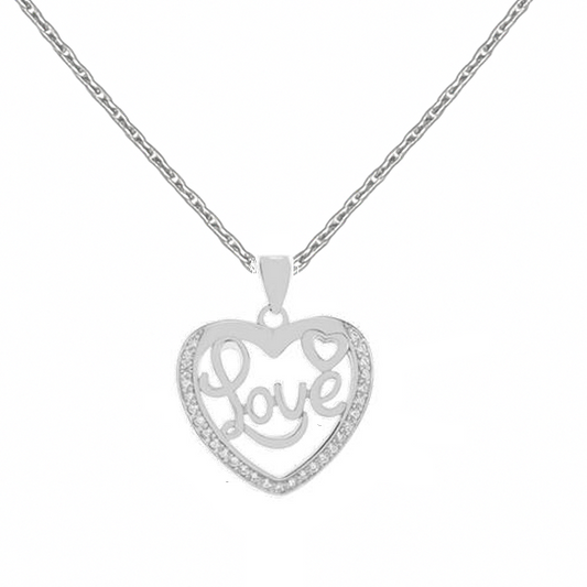 Collier Cœur "Love" en Argent 925 Rhodié – Pendentif Ajouré avec Zircons