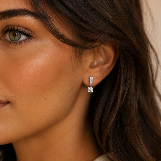 Boucles d’oreilles pendantes carrées en argent 925 rhodié – Zircon brillant femme