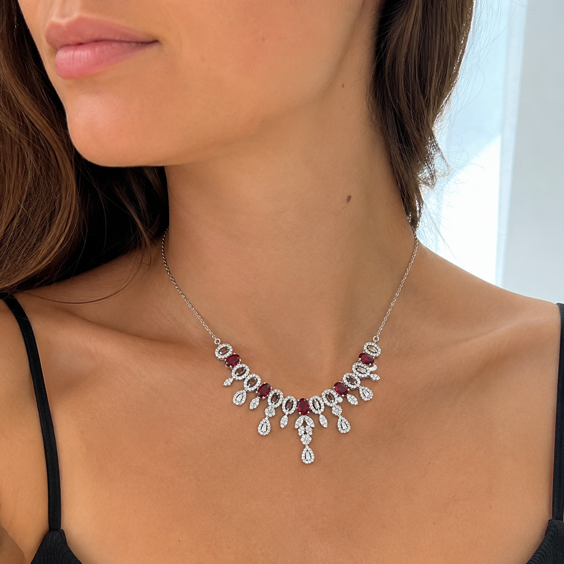 Collier pierres rouges en argent 925 rhodié & zircons blancs
