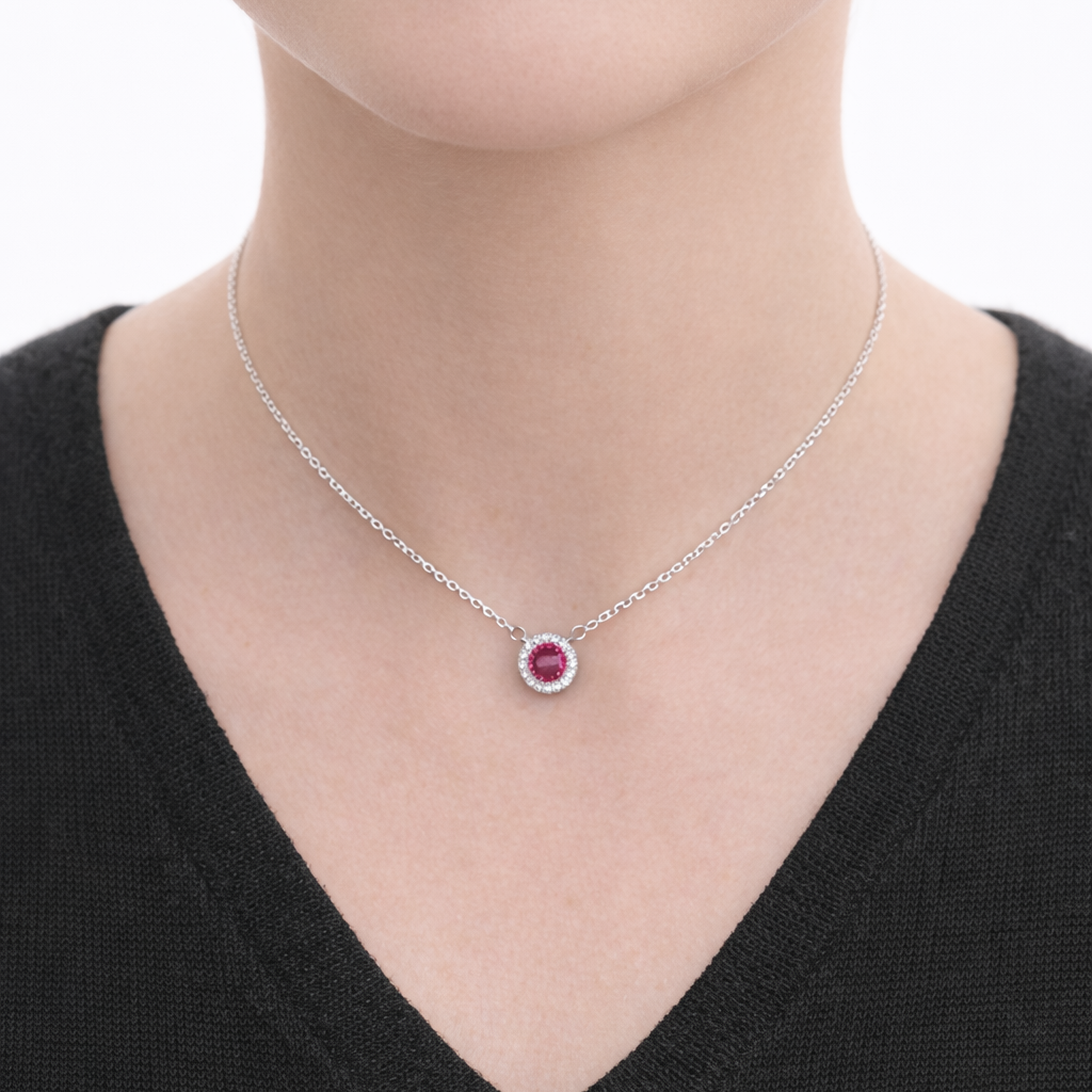 Collier pendentif rond rouge halo – Argent 925 rhodié