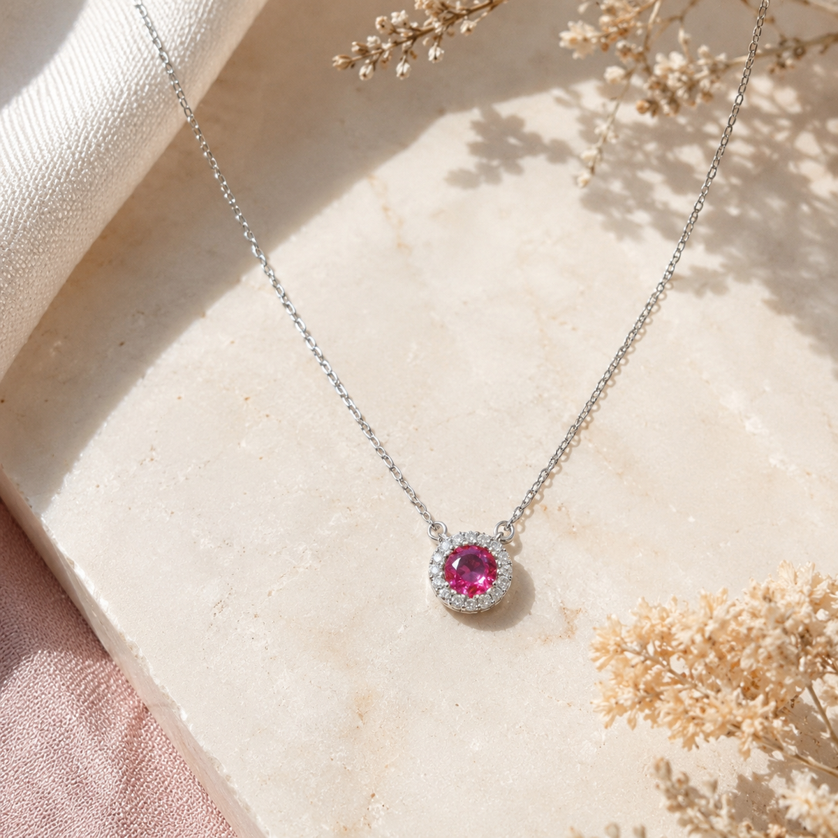 Collier pendentif rond rouge halo – Argent 925 rhodié