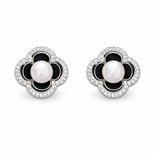 Boucles d’oreilles fleur perle noire & blanche – Argent 925 rhodié