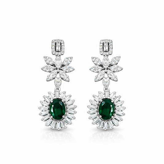 Boucles d’oreilles pendantes fleur & pierre verte – Argent 925 rhodié