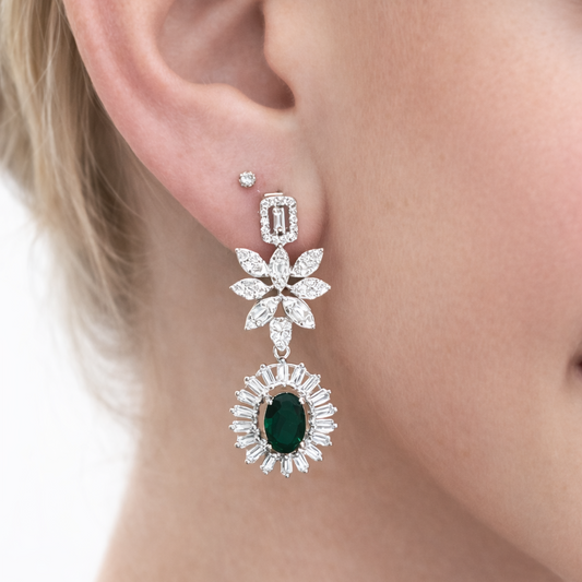 Boucles d’oreilles pendantes fleur & pierre verte – Argent 925 rhodié
