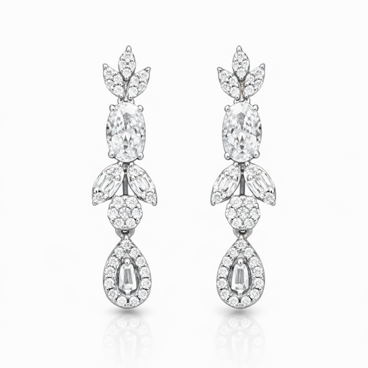 Boucles d’oreilles pendantes argent 925 rhodié pierres blanches – Élégance lumineuse & style joaillerie
