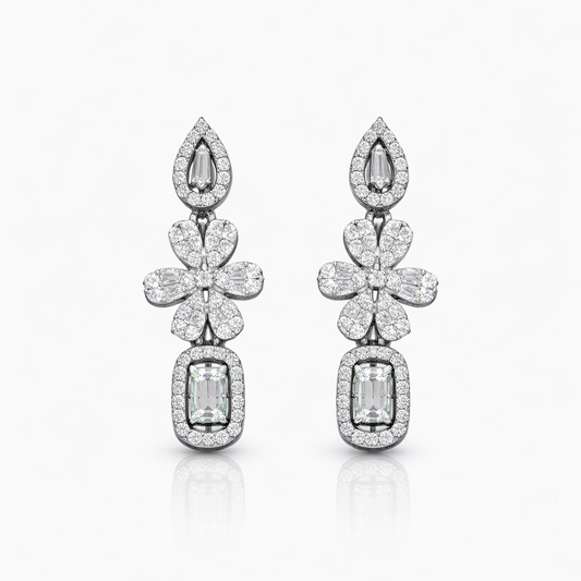 Boucles d’oreilles pendantes fleurs argent 925 rhodié pierres blanches – Style joaillerie & élégance intemporelle