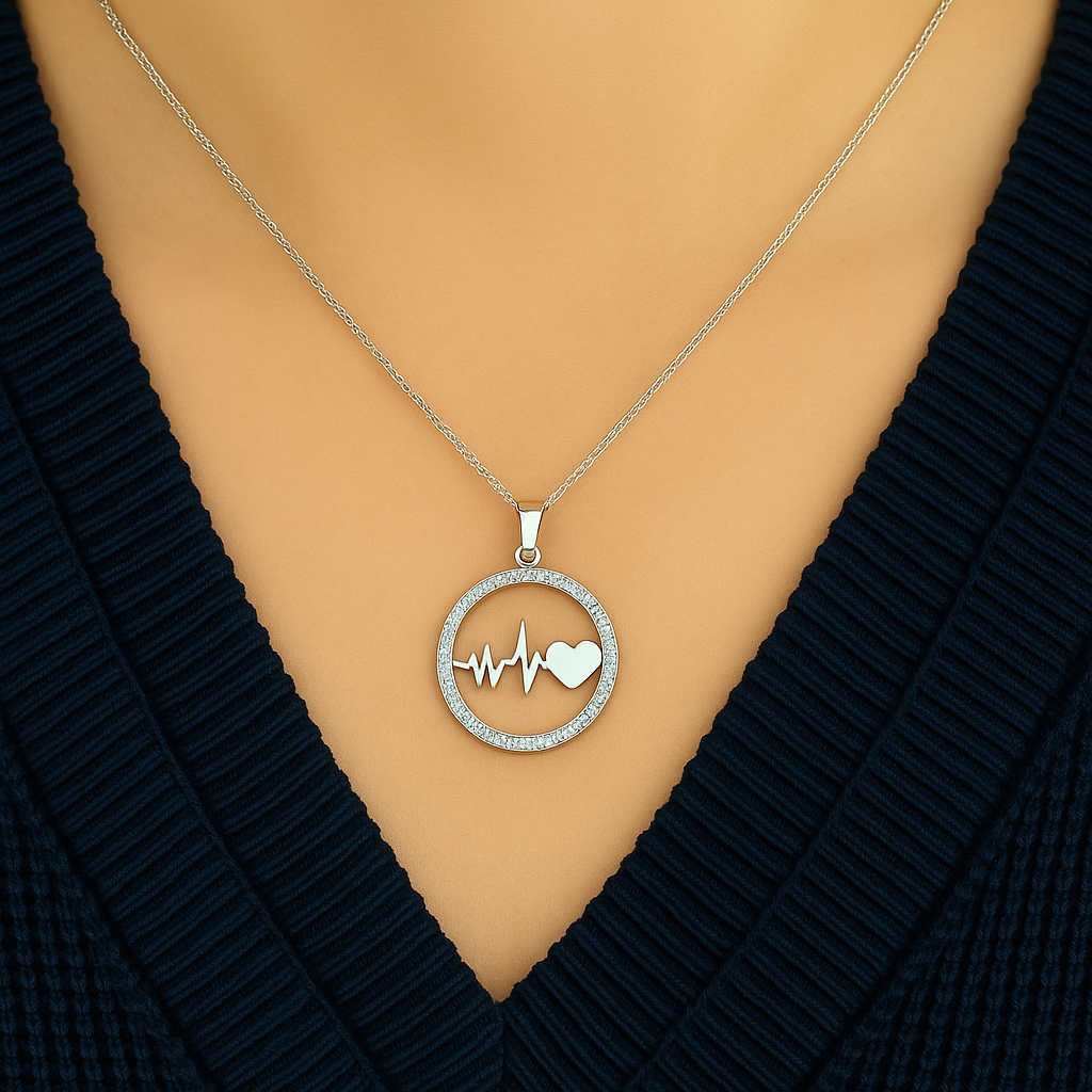 Pendentif battement de cœur en argent 925 rhodié – Cercle zirconiums et symbole de vie