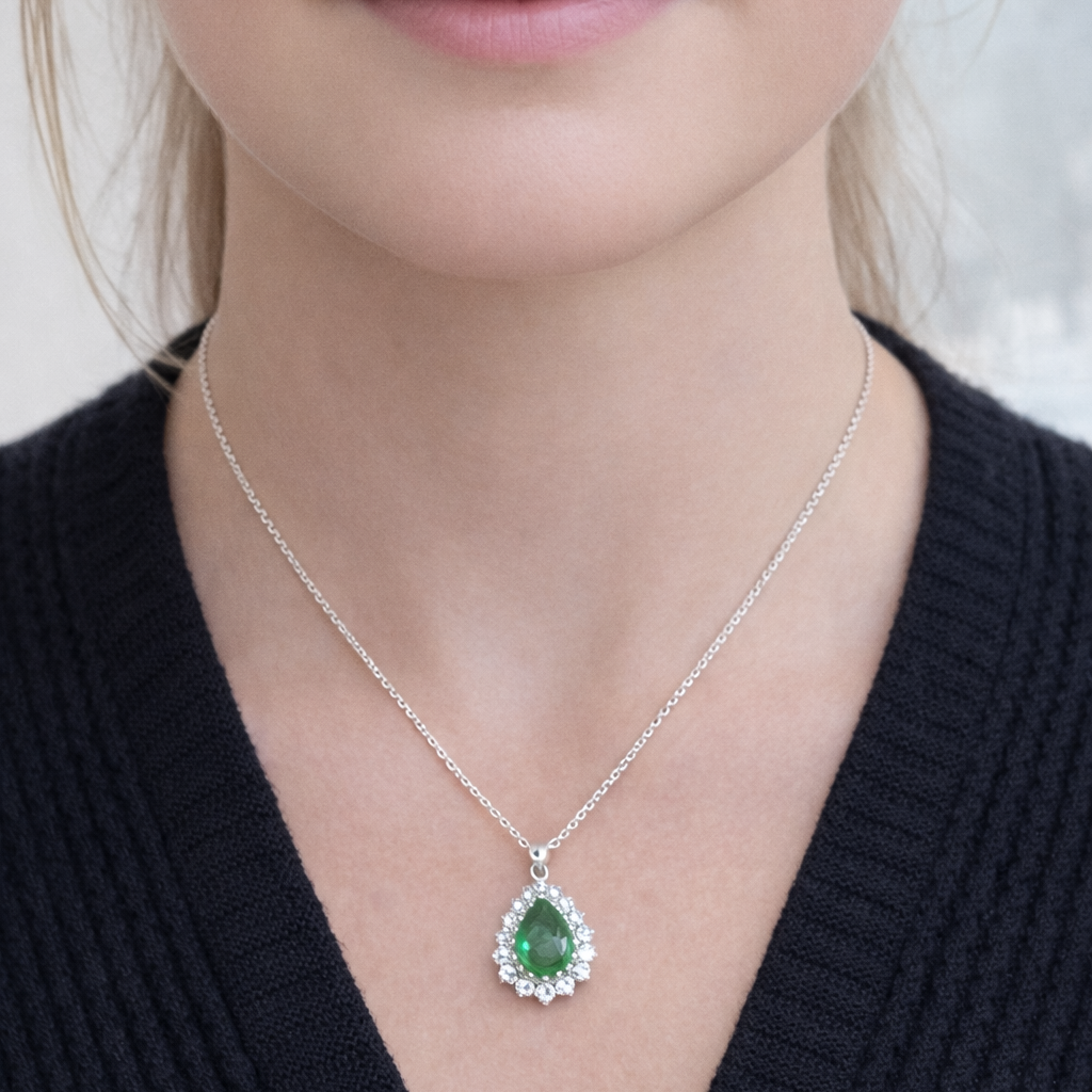 Collier pendentif poire argent 925 rhodié pierre verte – Halo joaillerie éclat diamant