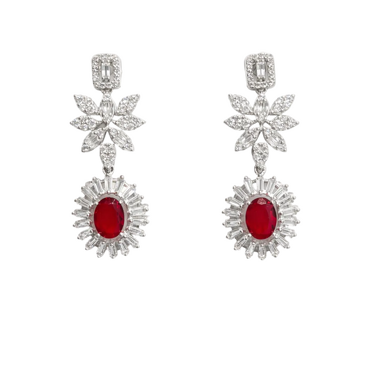 Boucles d’oreilles pierre rouge en argent 925 rhodié & zircons blancs – Motif floral