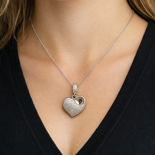 Collier cœur en argent 925 rhodié pavé de zircons blancs – Collier femme élégant et romantique
