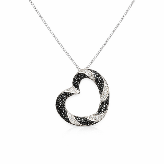 Pendentif Cœur Argent 925 Rhodié – Zircons Noirs & Blancs – Collier Femme Élégant