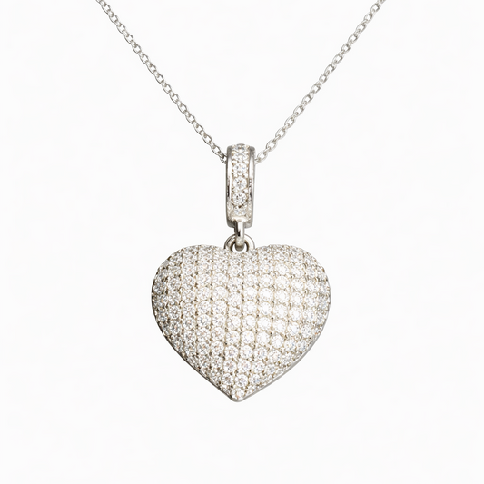 Pendentif Cœur Argent 925 Rhodié Pavé de Zircons Blancs – Collier Femme Élégant