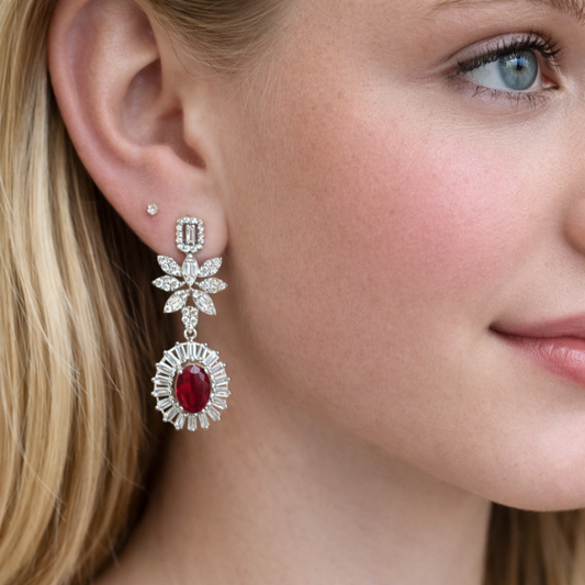 Boucles d’oreilles pierre rouge en argent 925 rhodié & zircons blancs – Motif floral