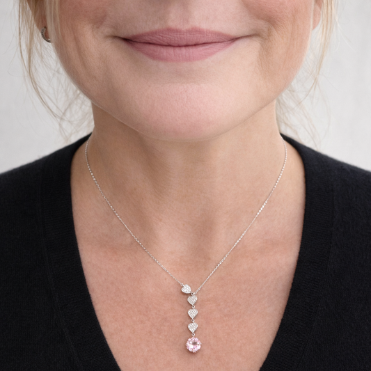 Collier cœurs en cascade avec pierre rose – Argent 925 rhodié