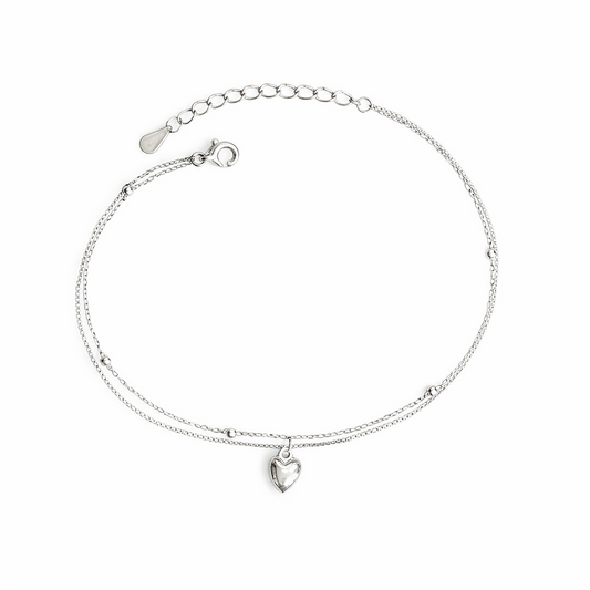 Bracelet Double Chaîne Argent 925 Rhodié avec Cœur – Bijou Femme Élégant