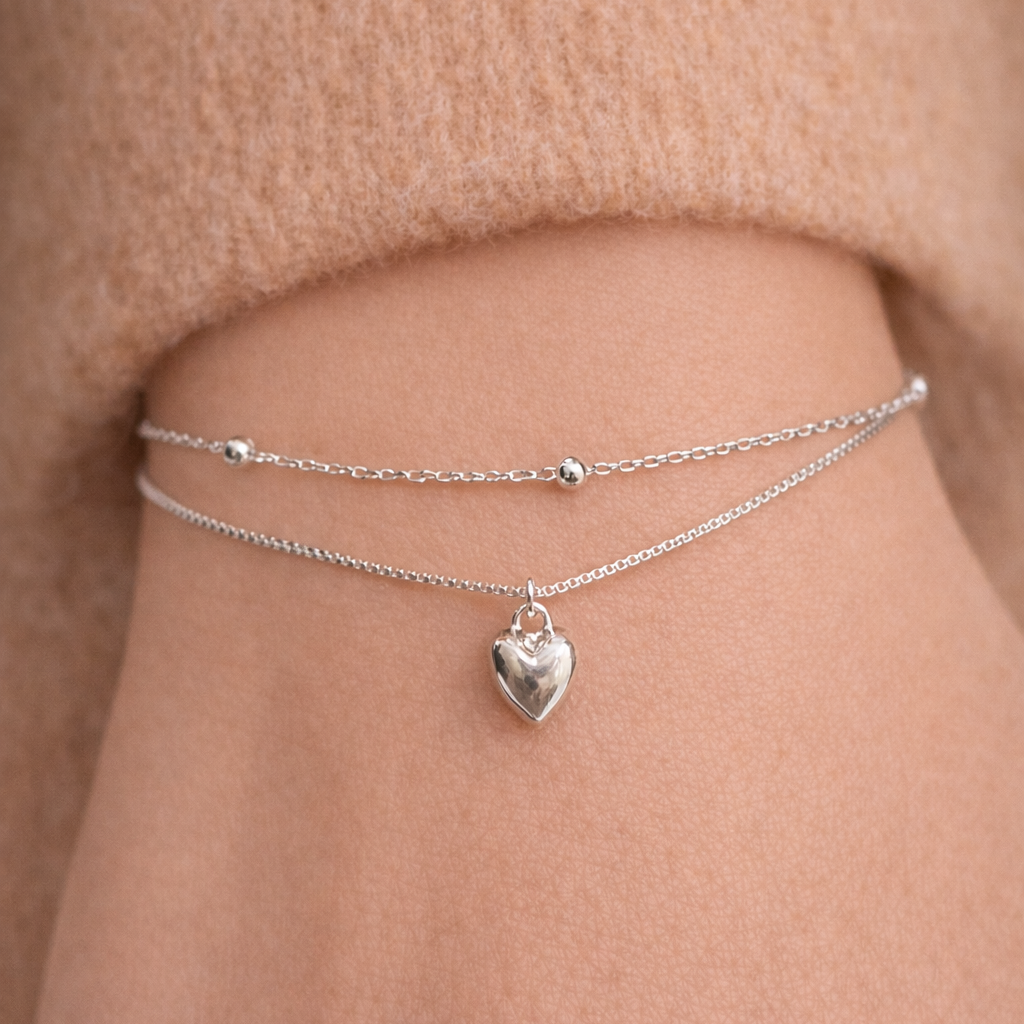 Bracelet Double Chaîne Argent 925 Rhodié avec Cœur – Bijou Femme Élégant