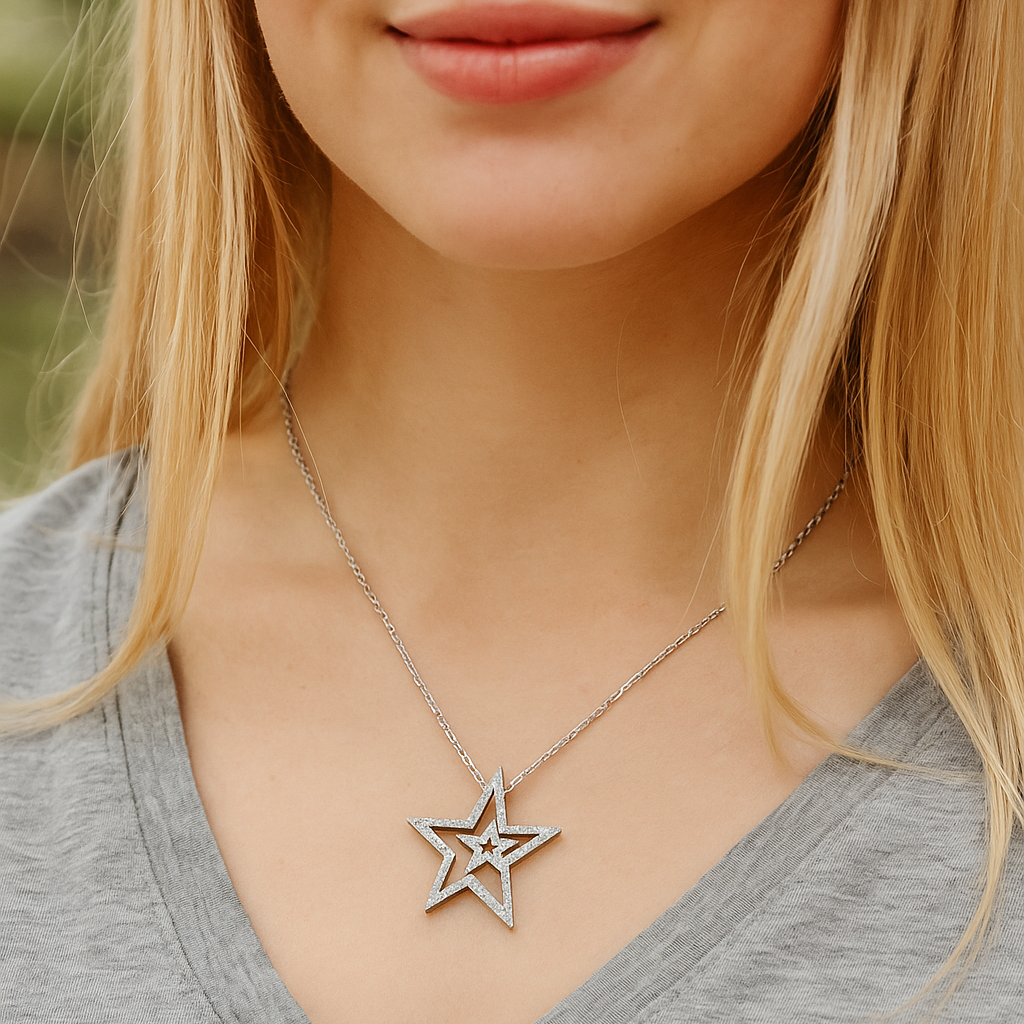 Collier Étoile Double Argent 925 Rhodié – Pendentif Zirconium Brillant