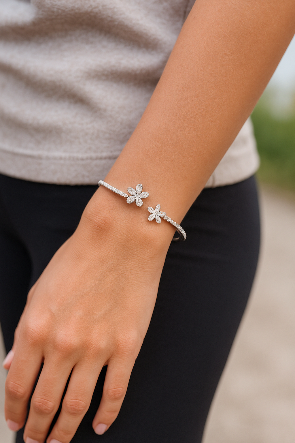 Bracelet argent 925 rhodié fleurs zirconium – Bijou raffiné et élégant