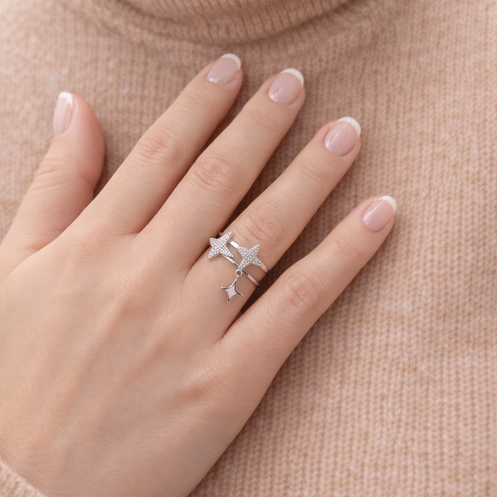 Bague Étoiles Zircons Argent 925 Rhodié – Bague Ajustable Femme