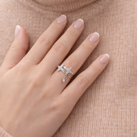 Bague Étoiles Zircons Argent 925 Rhodié – Bague Ajustable Femme