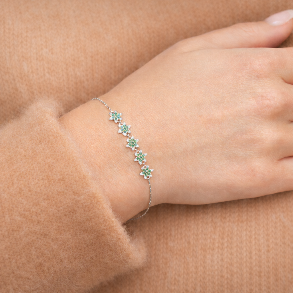 Bracelet Fleurs Vertes Argent 925 Rhodié – Bracelet Femme Élégant