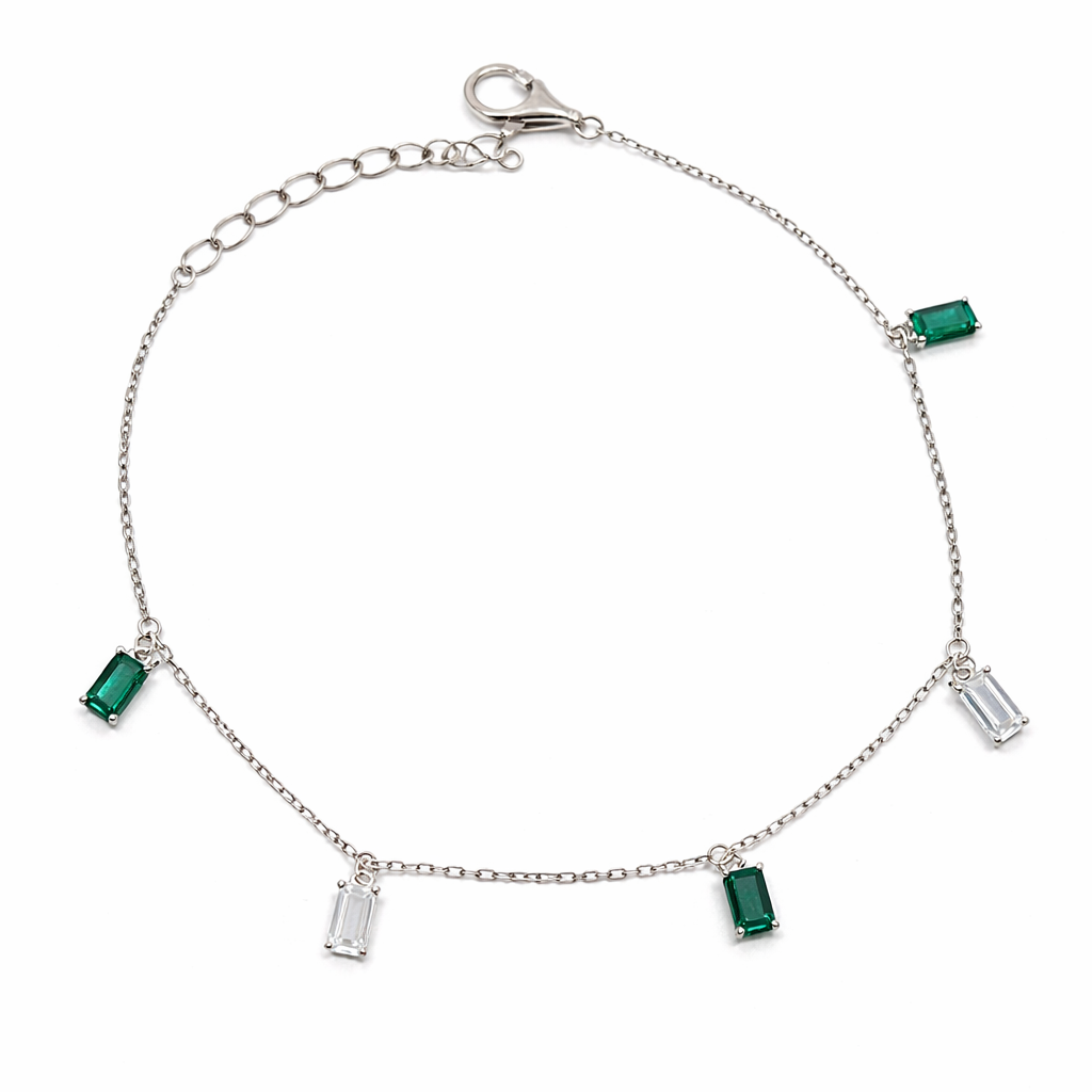 Bracelet Pierres Rectangulaires Vertes & Blanches Argent 925 Rhodié – Bracelet Femme Élégant