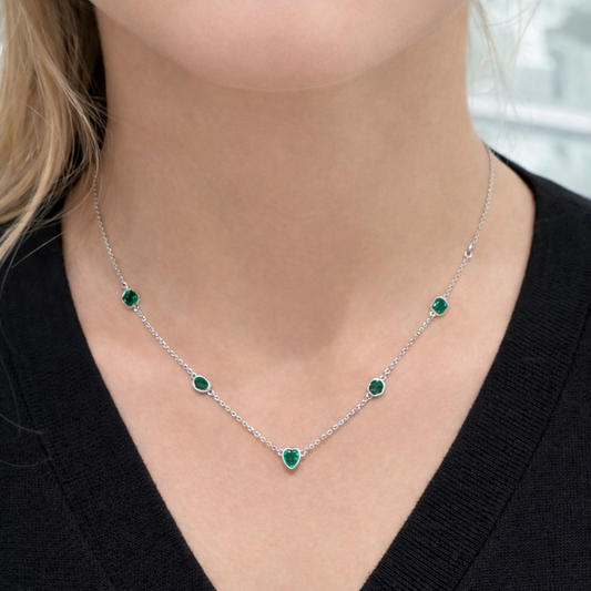 Collier Pierres Vertes Formes Cœur & Ovale Argent 925 Rhodié – Collier Femme Fin