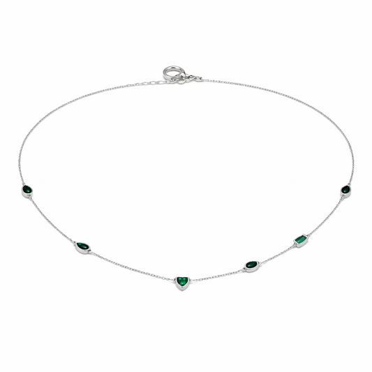 Collier Pierres Vertes Formes Cœur & Ovale Argent 925 Rhodié – Collier Femme Fin