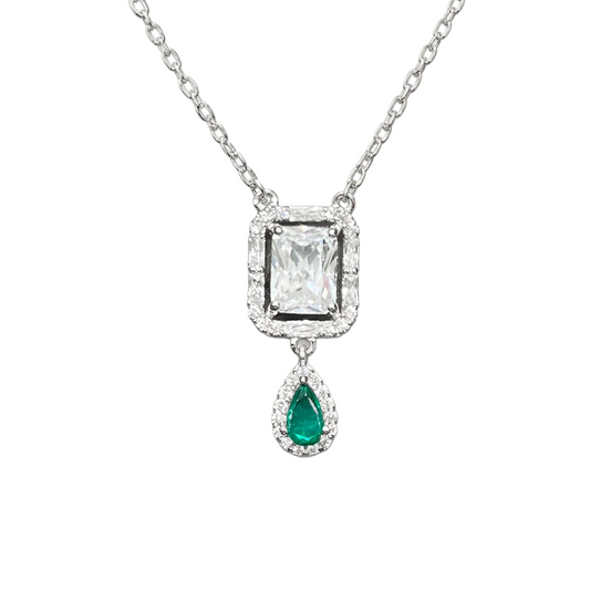 Collier Rectangulaire & Goutte Verte Argent 925 Rhodié – Collier Femme Élégant