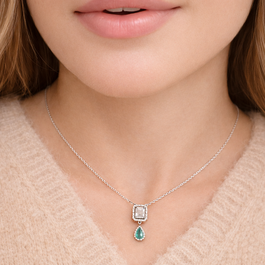 Collier Rectangulaire & Goutte Verte Argent 925 Rhodié – Collier Femme Élégant