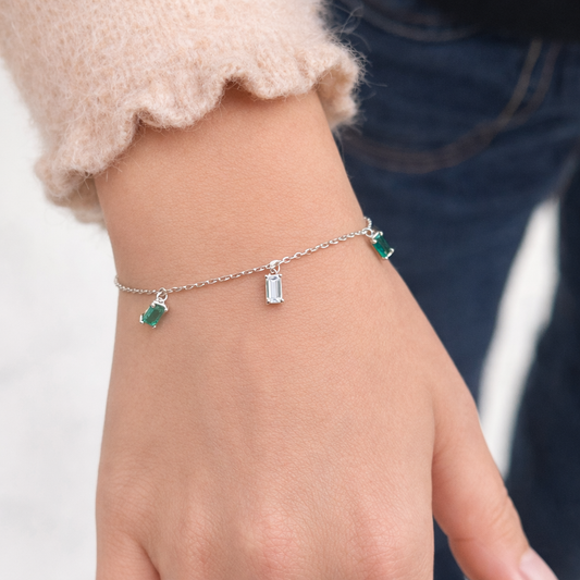 Bracelet Pierres Rectangulaires Vertes & Blanches Argent 925 Rhodié – Bracelet Femme Élégant
