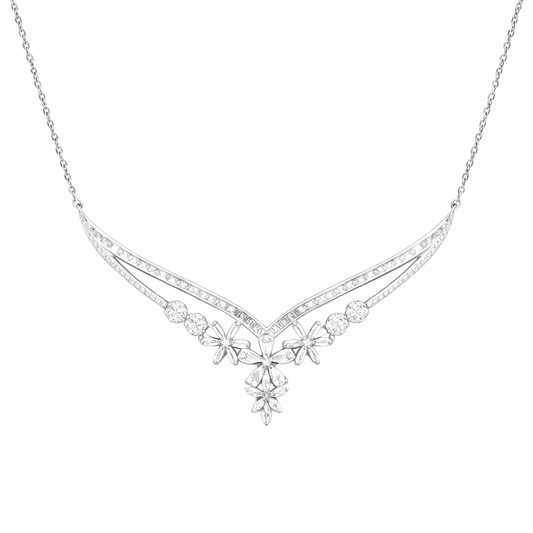 Collier en V fleurs pavées de zirconiums – Argent 925 rhodié
