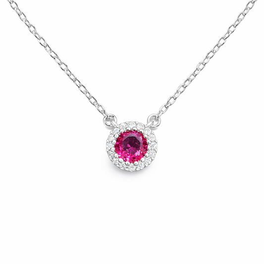 Collier pendentif rond rouge halo – Argent 925 rhodié