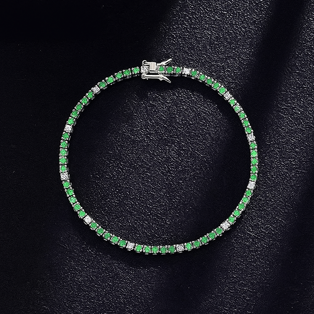 Bracelet tennis argent 925 rhodié avec zircons verts – Élégance et éclat