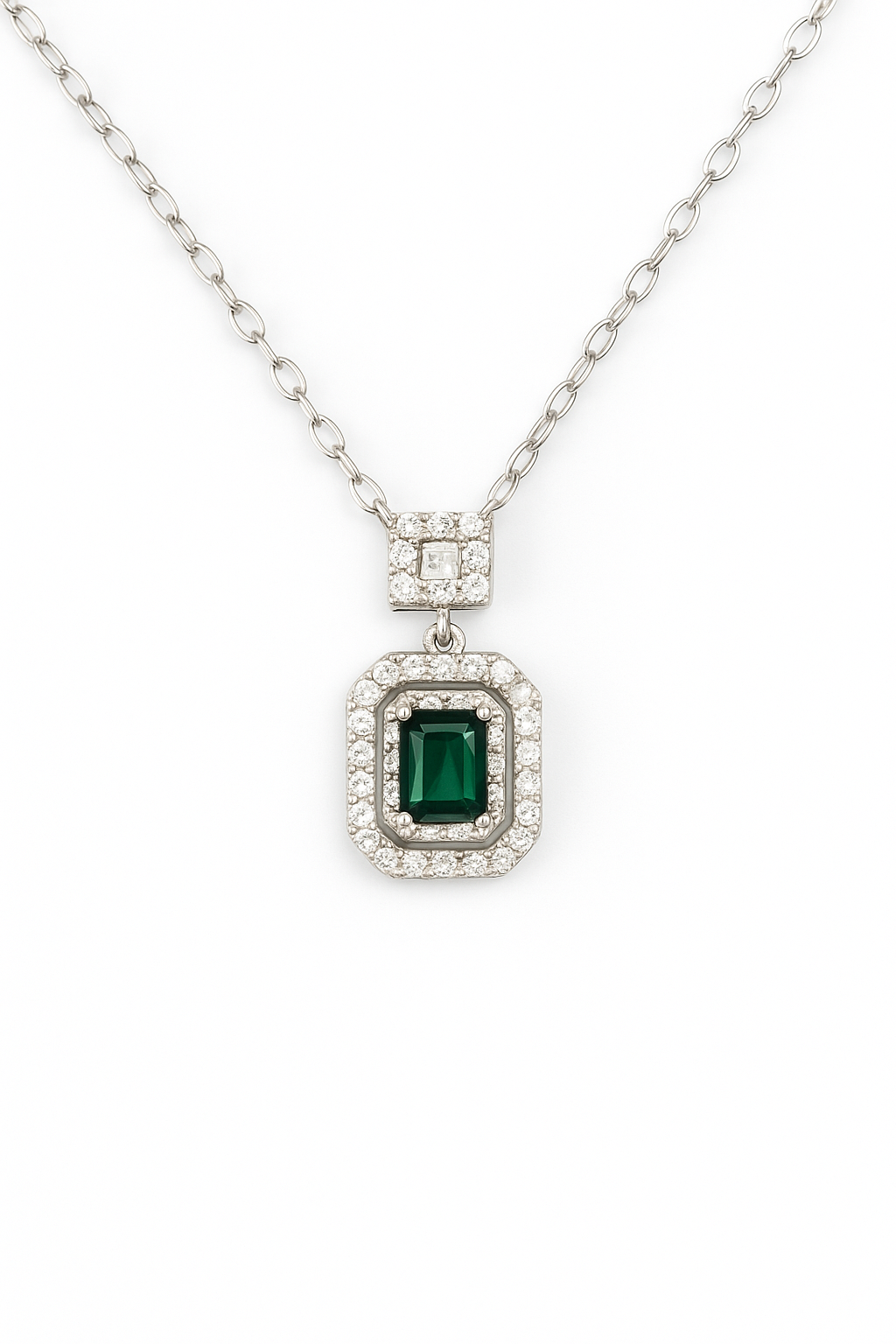 Collier argent 925 rhodié avec pierre verte émeraude – pendentif rectangle zirconium scintillant