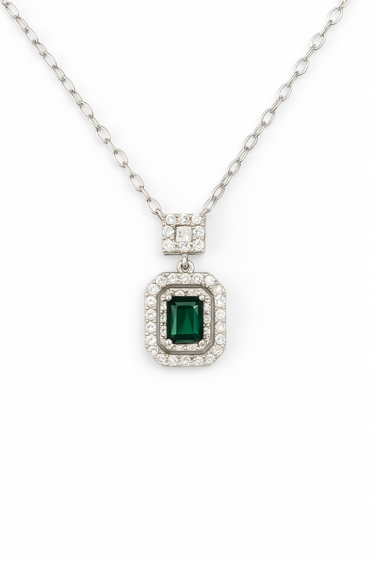Collier argent 925 rhodié avec pierre verte émeraude – pendentif rectangle zirconium scintillant