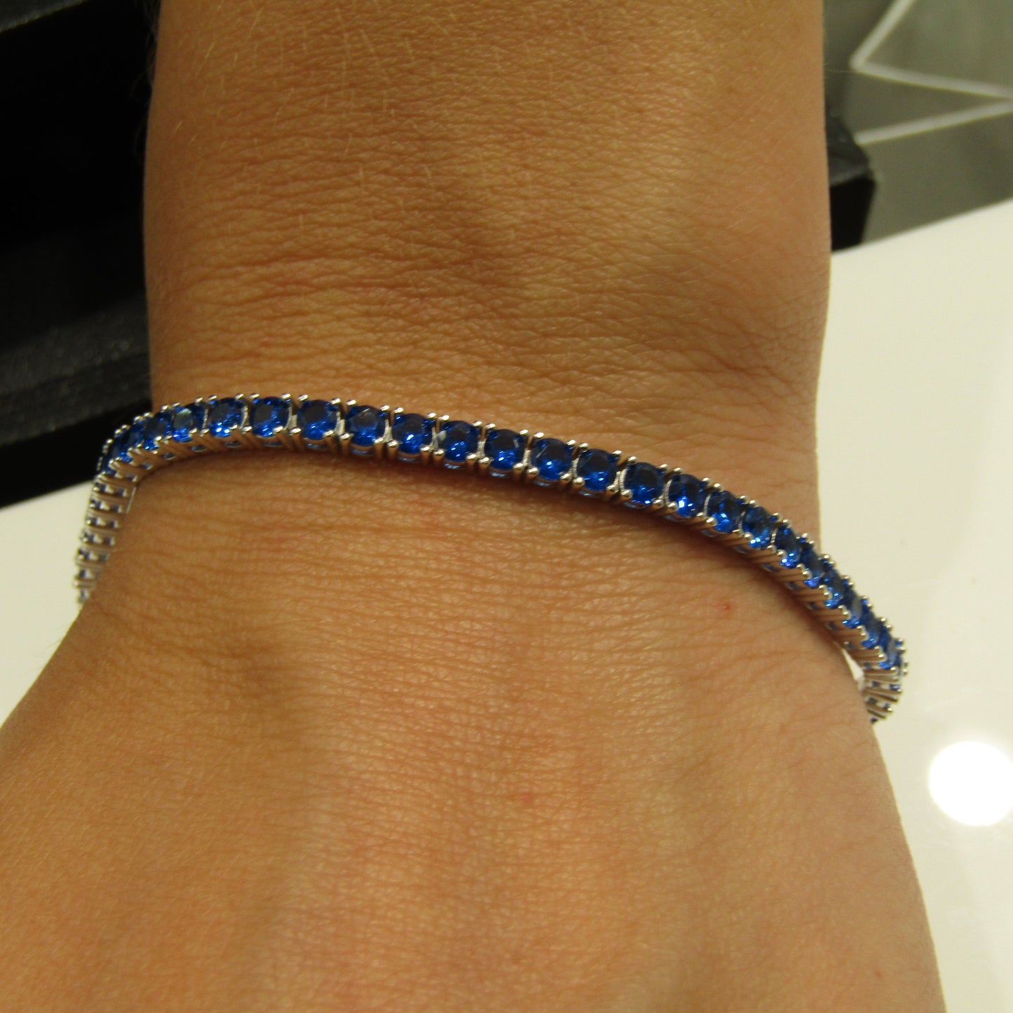 Bracelet tennis argent 925 rhodié – Zirconiums bleu saphir 3 mm