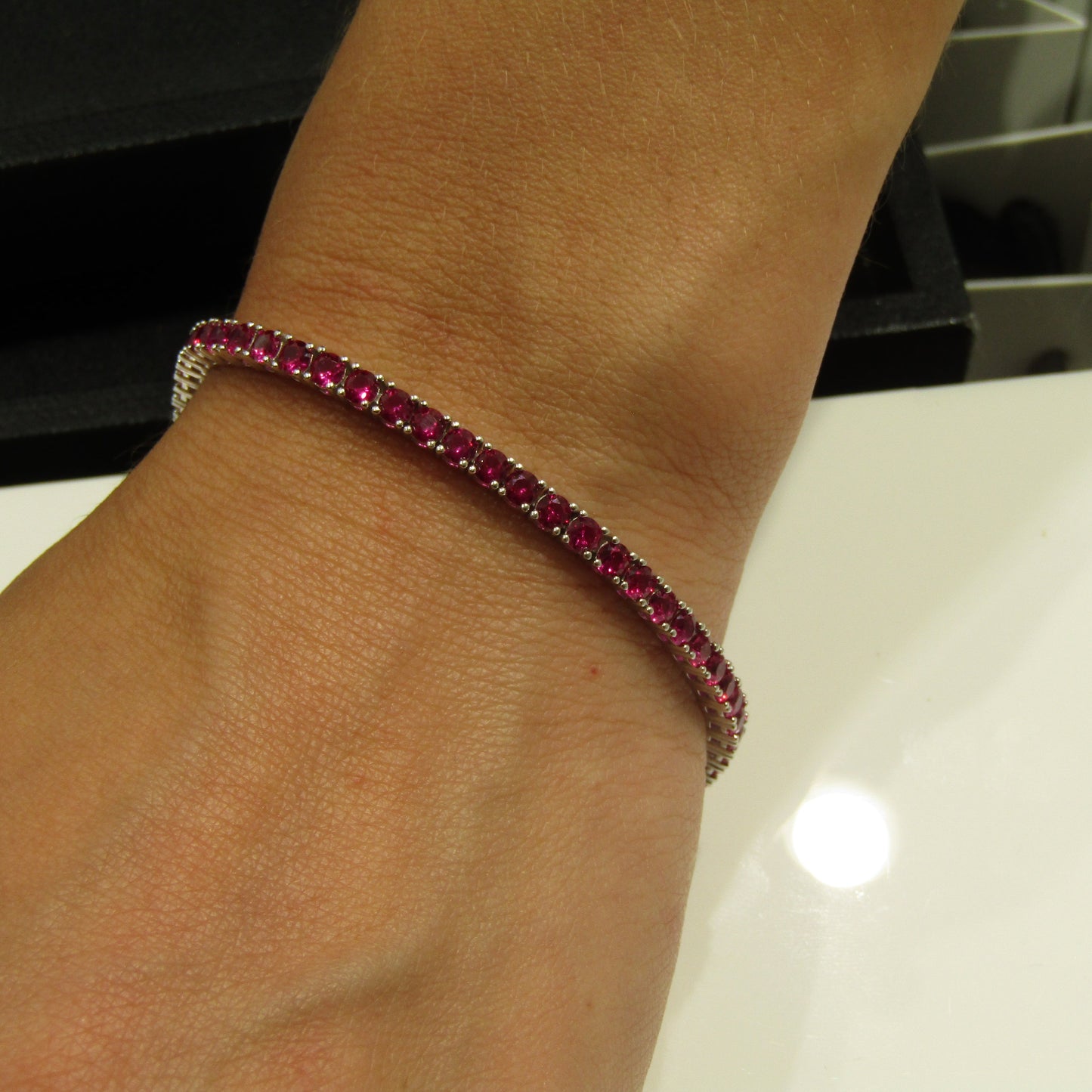 Bracelet tennis argent 925 rhodié – Zirconiums rouge rubis 3 mm
